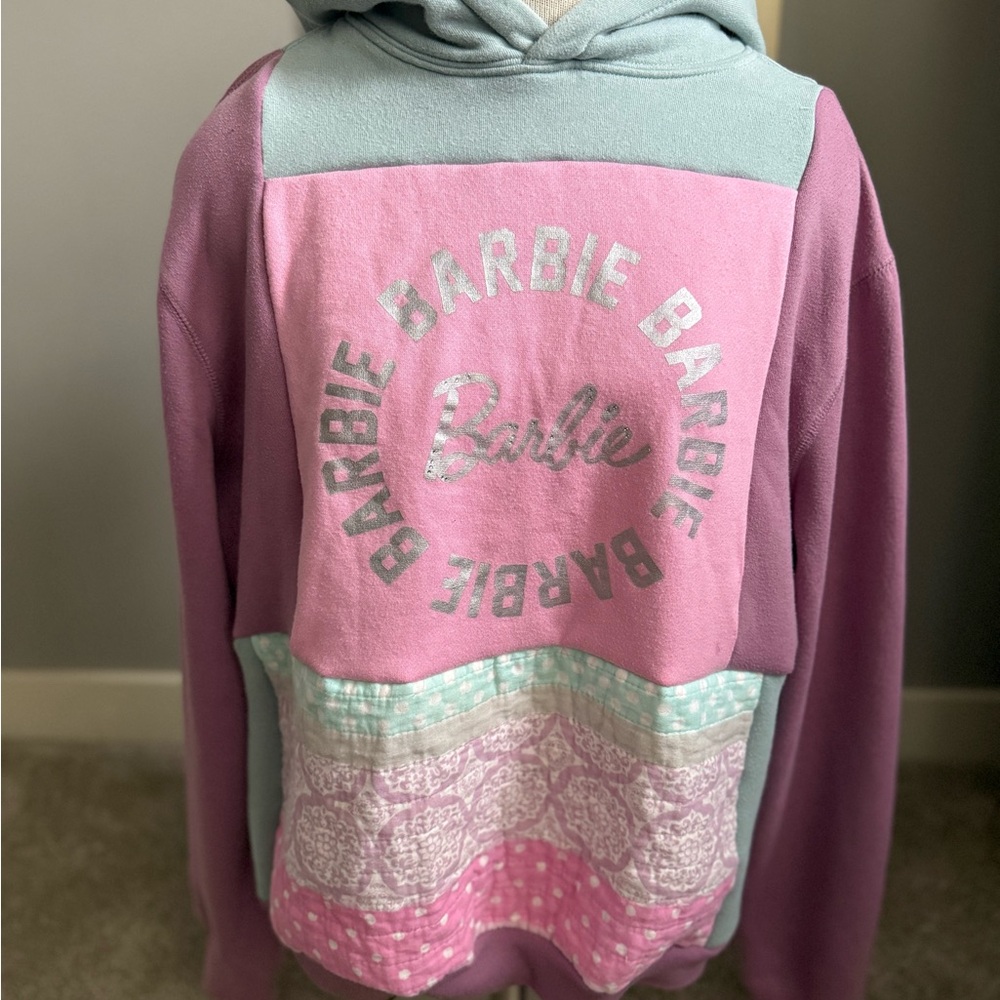 Upcycled Barbie Pink and Purple Pullover Hoodie with quilted accents, size XL
